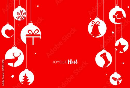 Carte de Noël avec boules suspendues et décorations