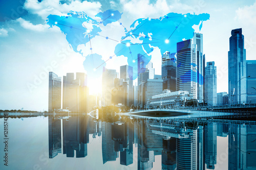 Photography International business concept background with network on map and sunlight