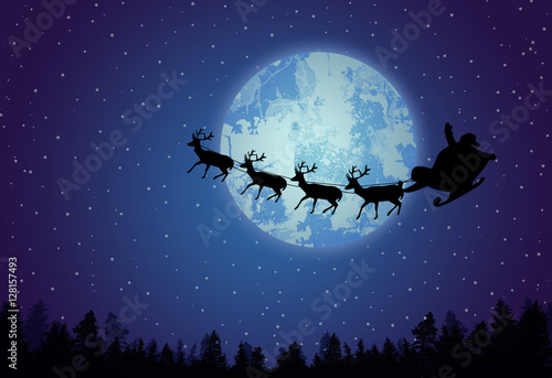 Santa's sleigh in front of full moon on beautiful blue night, vector illustration