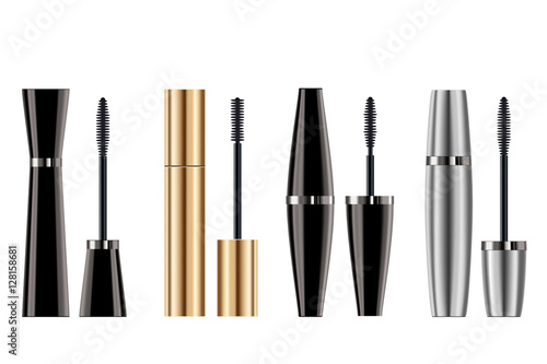 Mascara brush packaging. Vector eyeshadow for eye lashes makeup isolated on white background