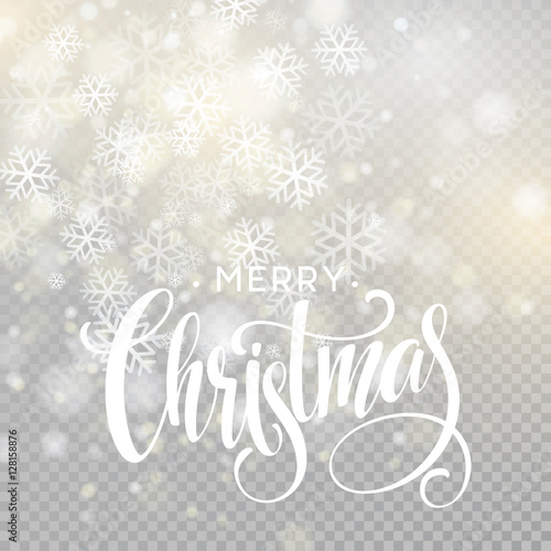Christmas handwritten lettering text on blurred background with lights. Transparence effect. Vector illustration