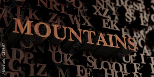 Mountains - Wooden 3D rendered letters/message. Can be used for an online banner ad or a print postcard.
