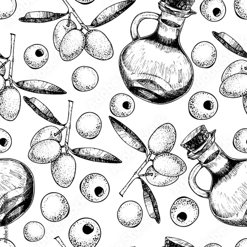 Vector seamless pattern of olive. Hand drawn engraved art. Healthy beauty hair nutrition.