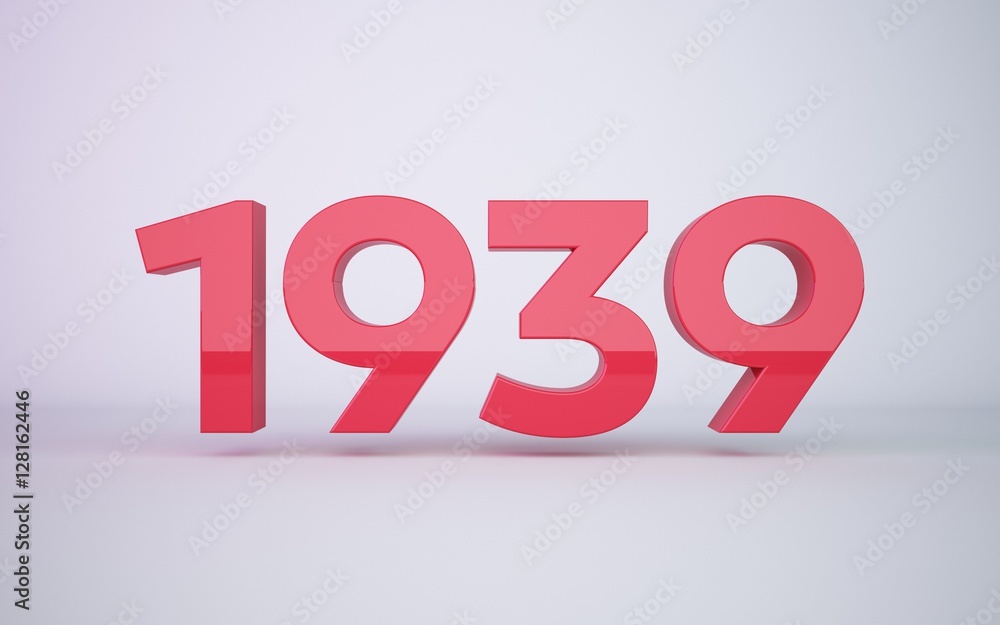 3d rendering red year 1939 on white background