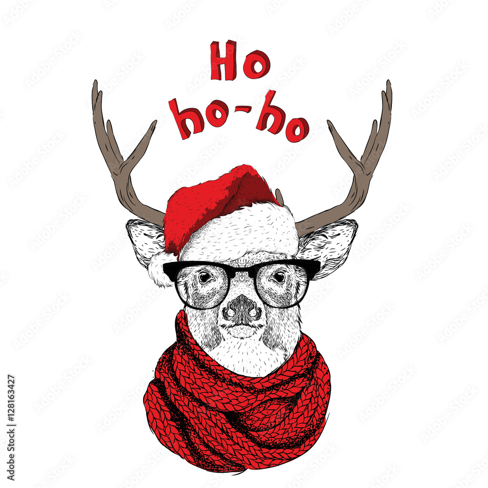 Obraz premium The christmas poster with the image owl portrait in Santa's hat. Vector illustration.