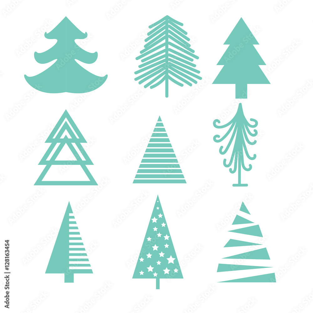 Creative green mint Christmas tree set. Abstract silhouette eve and pine icons.