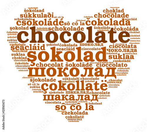 Chocolate. Word cloud in different languages, heart, white background. Food concept.