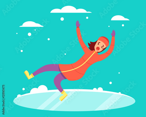Woman slipped on the snowy slippery road. Vector illustration
