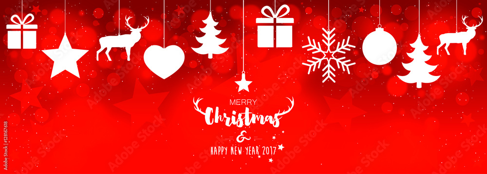Christmas card with hanging decorations on red bokeh