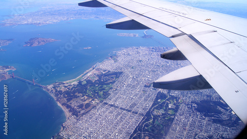 SAN FRANCISCO, USA - OCTOBER 4th, 2014: an aerial view of golden gate bridge and downtown sf, taken from a plane.
