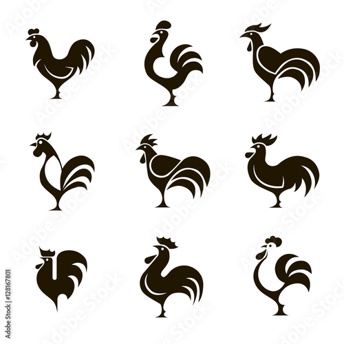 9 black and white icons roosters
