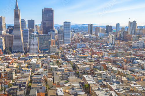 Aerial view of San Francisco Financial District and Transamerica Pyramid skyline from the top of Coit Tower  California  United States. Coit Tower is atop Telegraph Hill.
