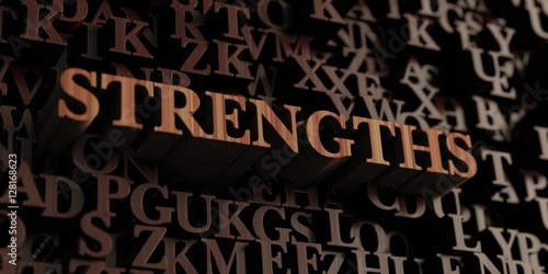Strengths - Wooden 3D rendered letters/message. Can be used for an online banner ad or a print postcard.