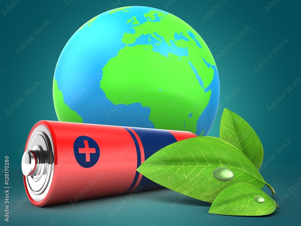 3d illustration of battery over blue background with earth globe and green leaf 3d illustration of battery over blue background with earth globe and green leaf