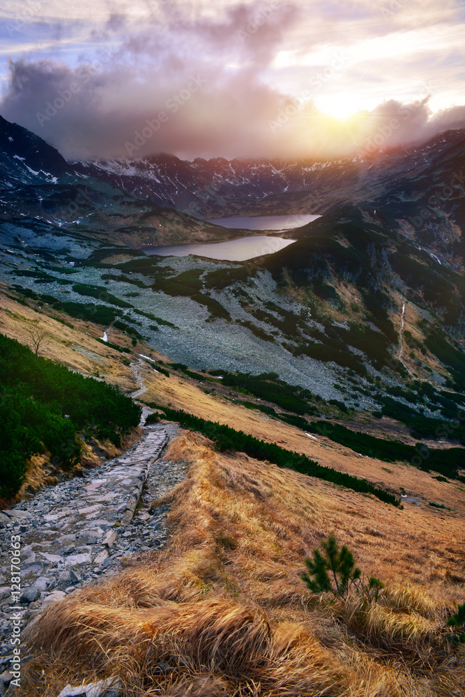 Sunset five lakes valley in tatra mountain