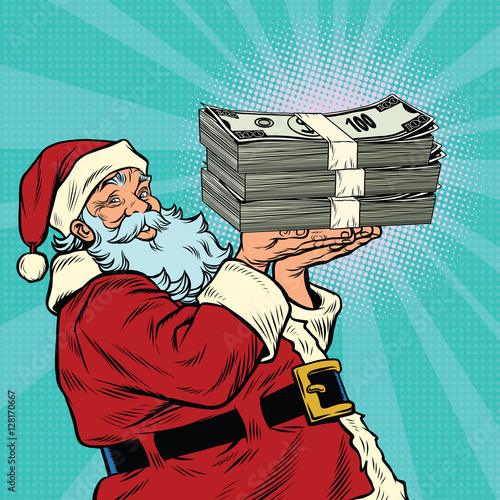 Santa Claus with a bundle of money dollars