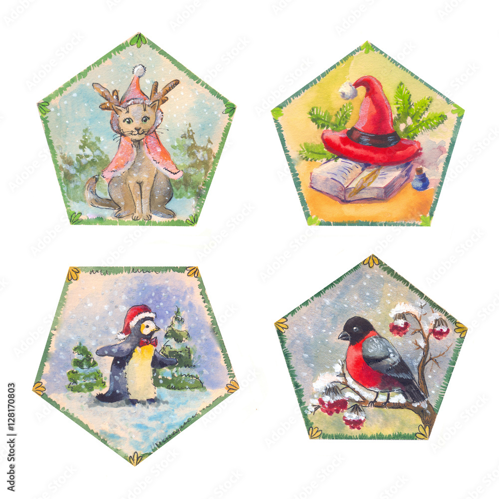 Fototapeta premium watercolor set of cristmas illustration, drawing by hand, suit for postcard