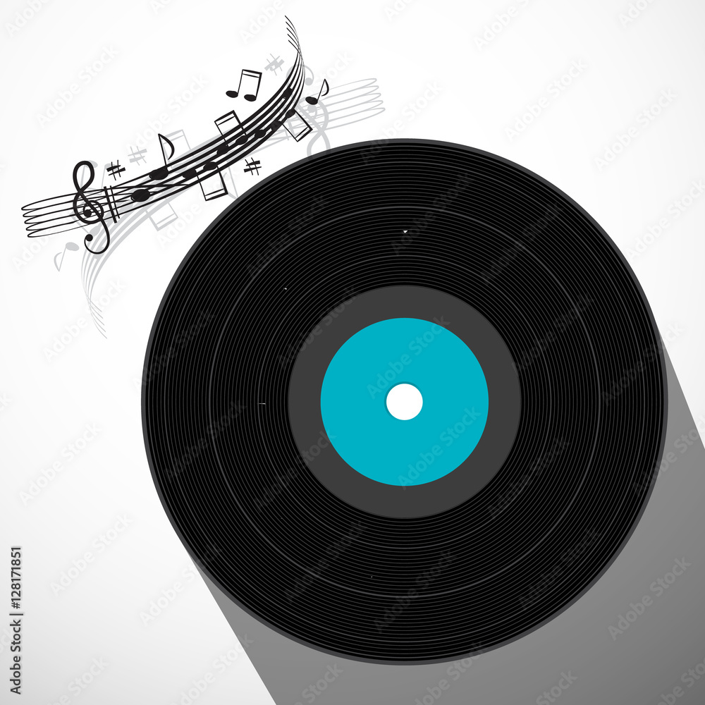 LP Vinyl Record Flat Design Long Shadow Symbol with Staff and Notes LP Vinyl Record Flat Design Long Shadow Symbol with Staff and Notes