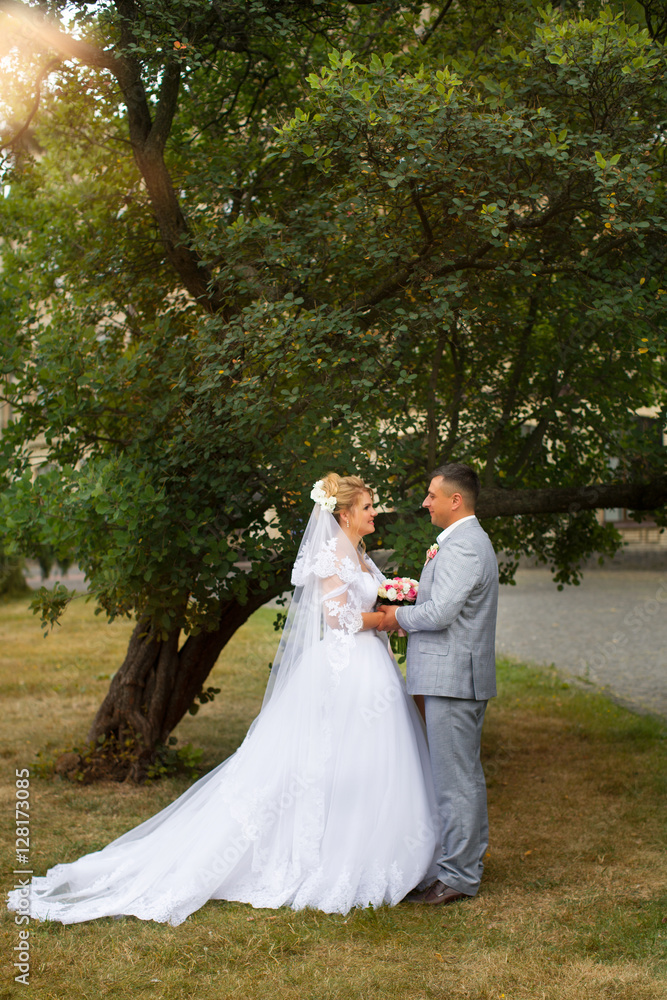 Newlyweds look into the eyes of each other standing in a meadow