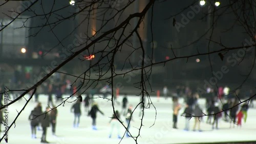 Blurred crawd ice skating behind a branch photo