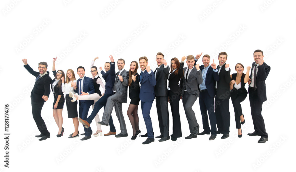 Group of jubilant business people jumping for joy and shouting i