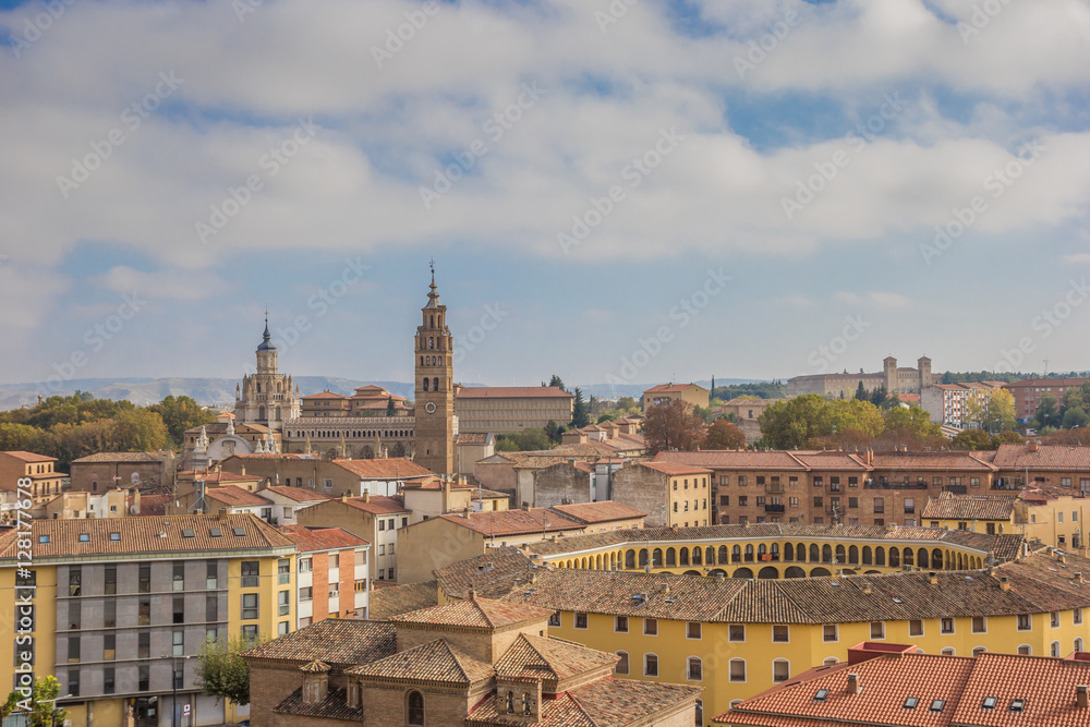 Cityscape with the cathedral and bullring of Tarazona