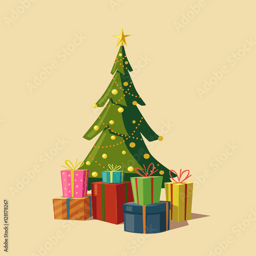Christmas tree with gifts. Cartoon vector illustration