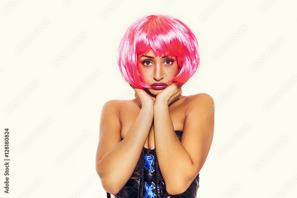 Sad pop girl portrait wearing latex dress and pink wig Sad pop girl portrait wearing latex dress and pink wig