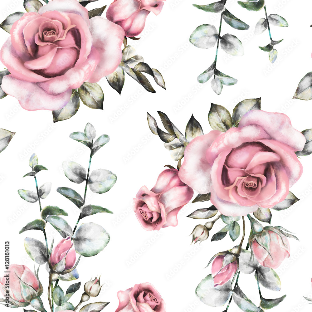 Seamless pattern with pink flowers and leaves on white background