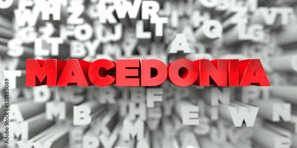 MACEDONIA -  Red text on typography background - 3D rendered royalty free stock image. This image can be used for an online website banner ad or a print postcard.