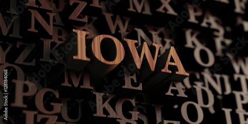 Iowa - Wooden 3D rendered letters/message. Can be used for an online banner ad or a print postcard.