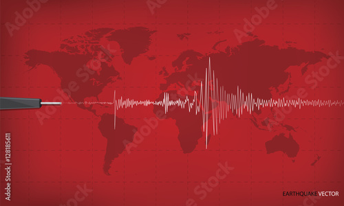 Seismic activity graph showing an earthquake on world map backgr photo