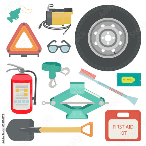 Freshener, sunglasses, wet wipes, tow rope, first aid kit, fire extinguisher, spare wheel, shovel, brush and scraper, warning triangle, car air compressor. Vector illustration.