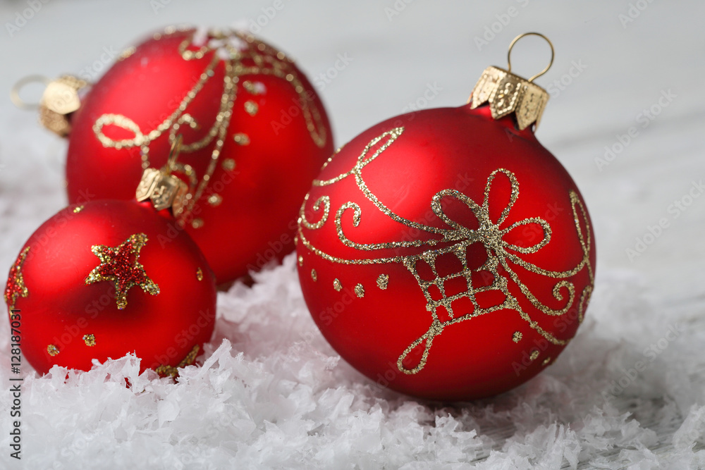 Christmas balls with decorations on snow Christmas balls with decorations on snow