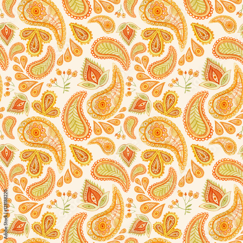 Watercolor orange paisley seamless pattern. Ethnic ornament repeating background.