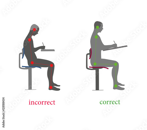 correct and incorrect posture when writing. vector illustration