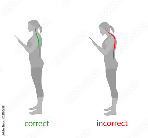 correct and incorrect posture while working (playing) with a smartphone (tablet). vector illustration.