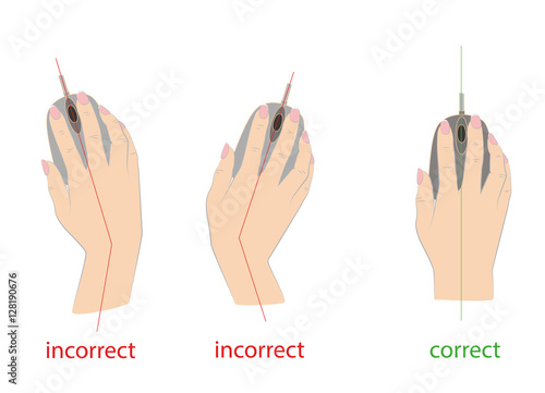 correct and incorrect to hold a computer mouse. vector illustration.