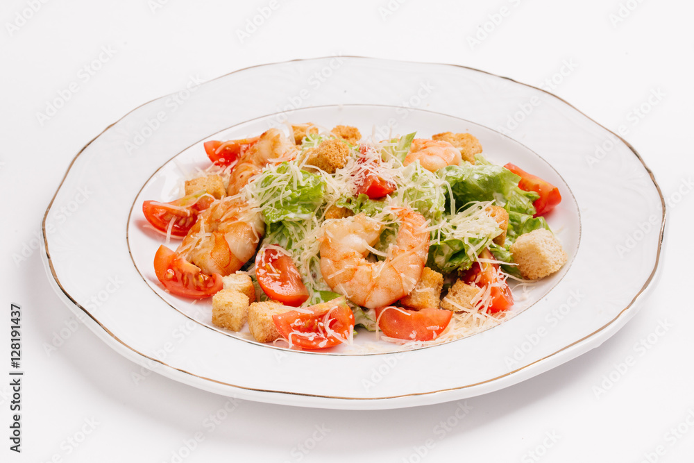 seafood caesar salad with shrimps, salad leaf, parmesan cheese seafood caesar salad with shrimps, salad leaf, parmesan cheese