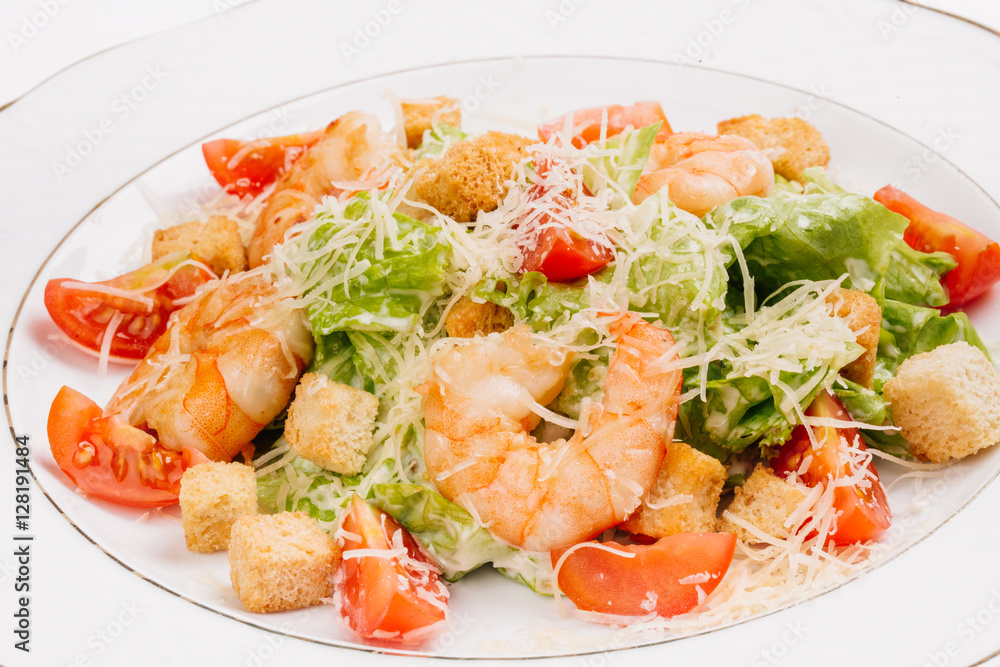 seafood caesar salad with shrimps, salad leaf, parmesan cheese seafood caesar salad with shrimps, salad leaf, parmesan cheese