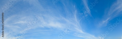Blue sky and white cloud panorama on summer. Good weather day background with copy space.