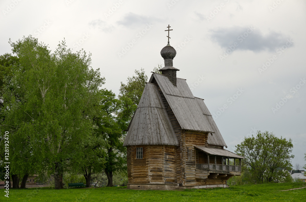 Ancient wooden christian church on a hill