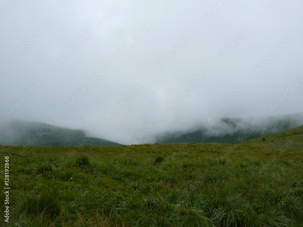 Foggy mountains forest and meadow. Beautiful landscape rainy clouds moody weather colors scenic background. Bieszczady mountains, Poland Foggy mountains forest and meadow. Beautiful landscape rainy clouds moody weather colors scenic background. Bieszczady mountains, Poland