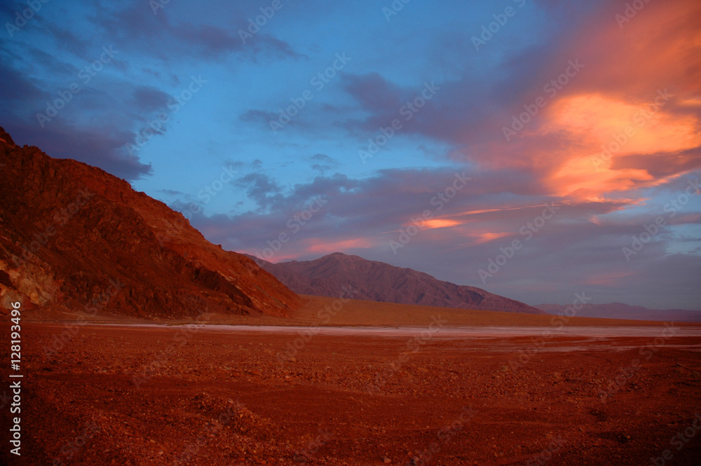 Dramatic Evening Sunset View of the Lowest Elevation on Earth in Death Valley National Park in California