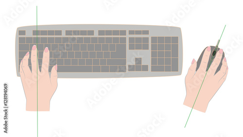 the correct position of the hands to work on the keyboard and mouse. vector illustration.