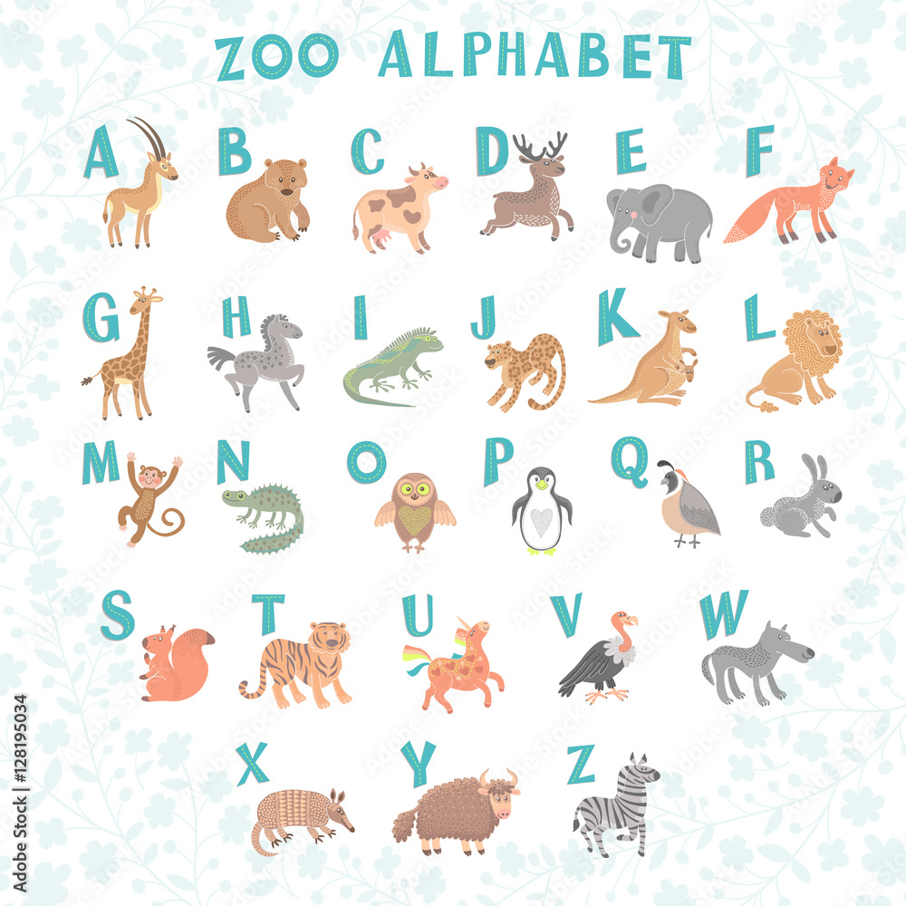 Cute vector zoo alphabet. Funny cartoon animals. Letters. Learn to read. 