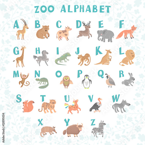 Fototapeta Naklejka Na Ścianę i Meble -  Cute vector zoo alphabet. Funny cartoon animals. Letters. Learn to read. 