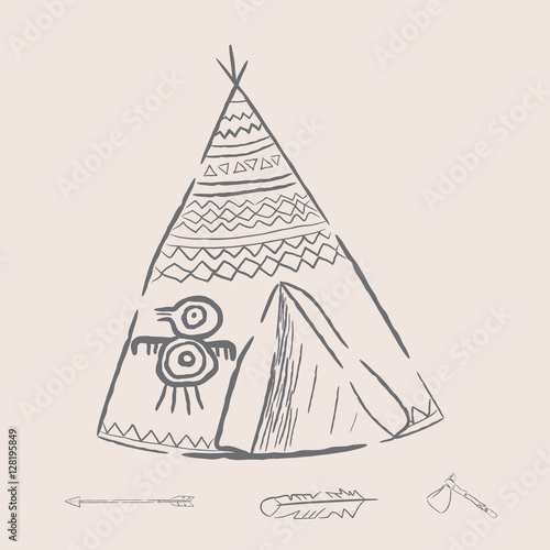 Hand drawn illustrations wigwam with decorative elements and a set of arrows, feather and tomahawk. Authentic tepee for design card. North American Indian wigwam