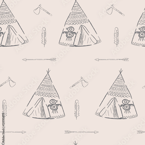 Hand drawn illustrations wigwam with decorative elements and a set of arrows, feather and tomahawk. Authentic tepee for design card. North American Indian wigwam