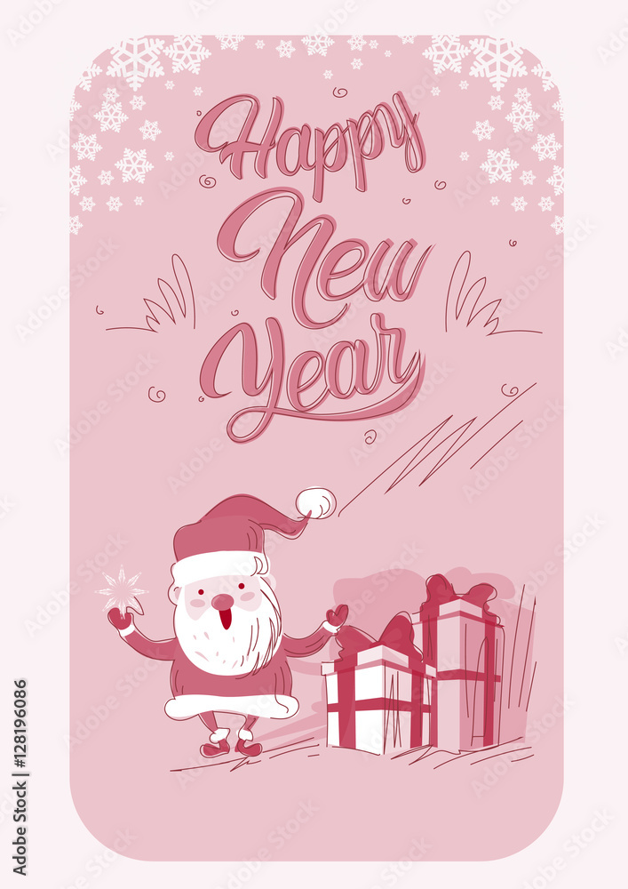 Plakat Santa Claus With Present Box Merry Christmas Greeting Card Happy New Year Vector Illustration
